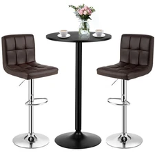 3PCS Pub Table Set 24" Round Bar Table & 2 Adjustable Bar Stools Brown
