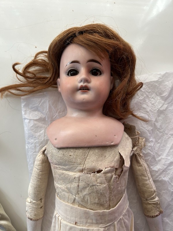 23" Inch Tall, Antique German, Brown Eyed, Bisque Head, Kid Body Doll