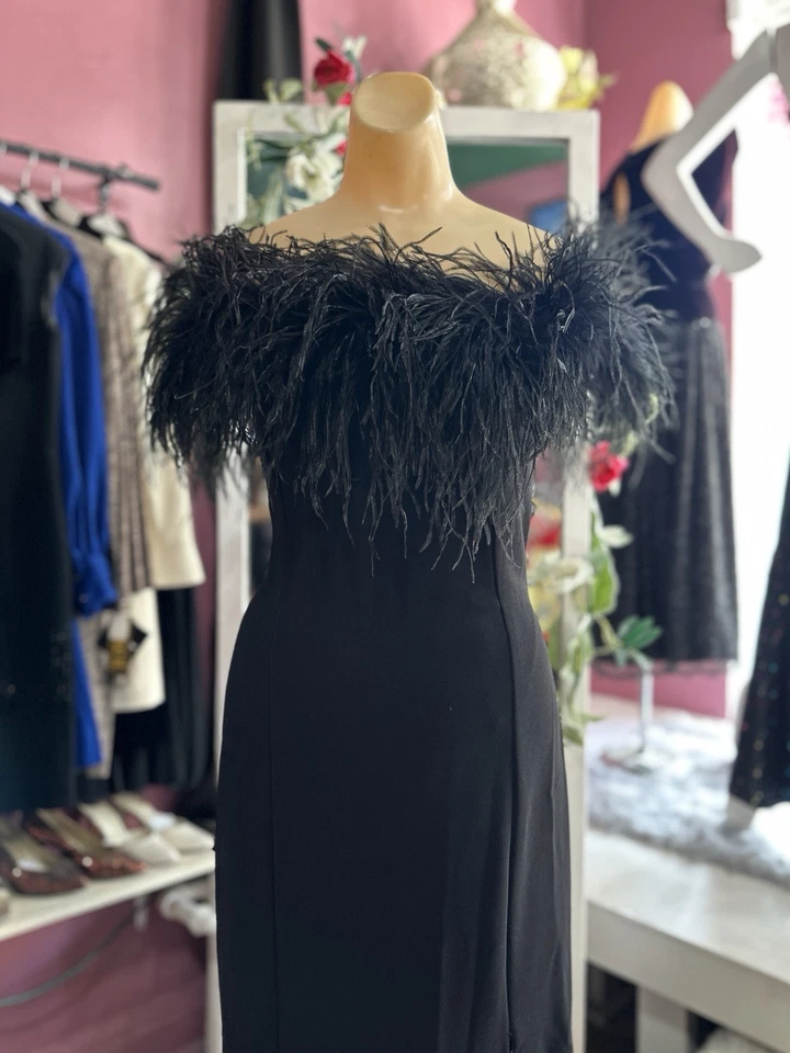 Maxi Vestido Vintage Años 90 Bordado de Plumas Negro Sin Mangas Formal Noche XS/S Foto 3 de 4