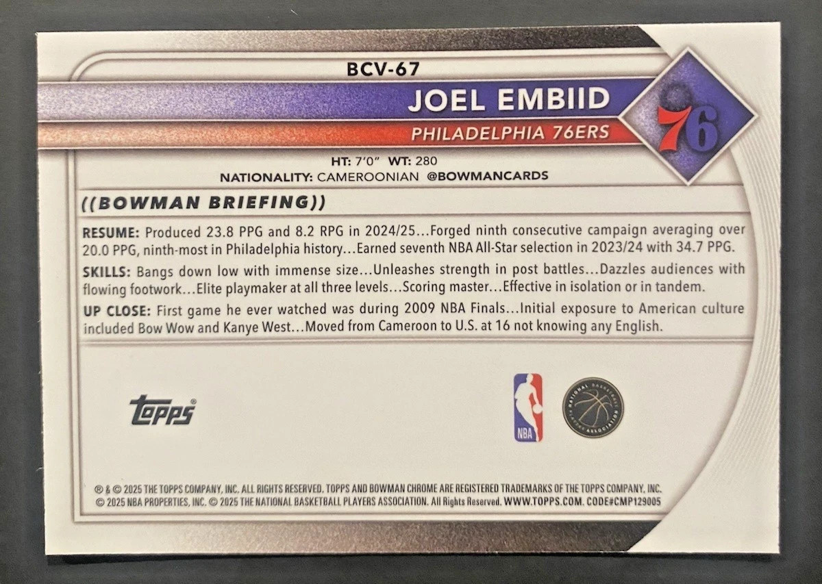 2025-26 Bowman Basketball Chrome Joel Embiid Reptilian Refractor 