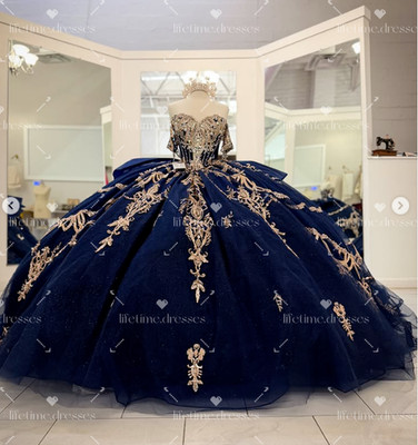 Navy Blue Quinceanera Dresses Gold Decals Sweet 16 Newest Party Ball Gowns