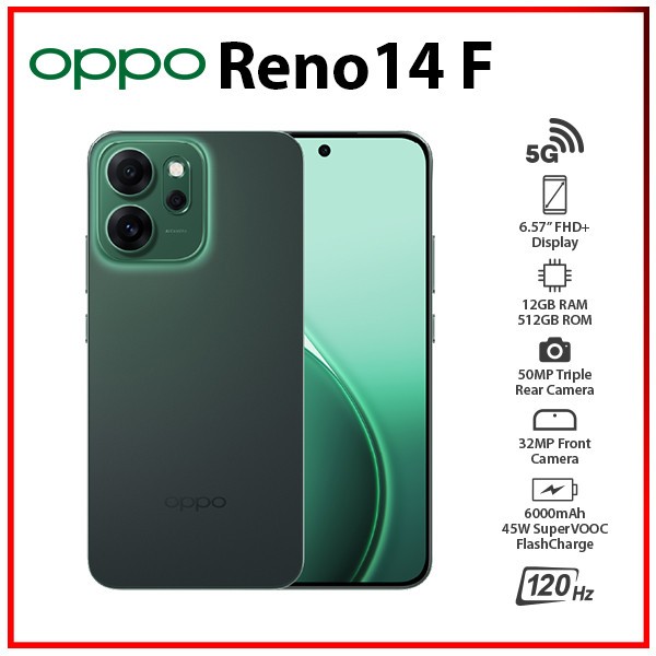 New) OPPO Reno 14 F 5G GREEN 12GB+512GB Dual SIM Unlocked