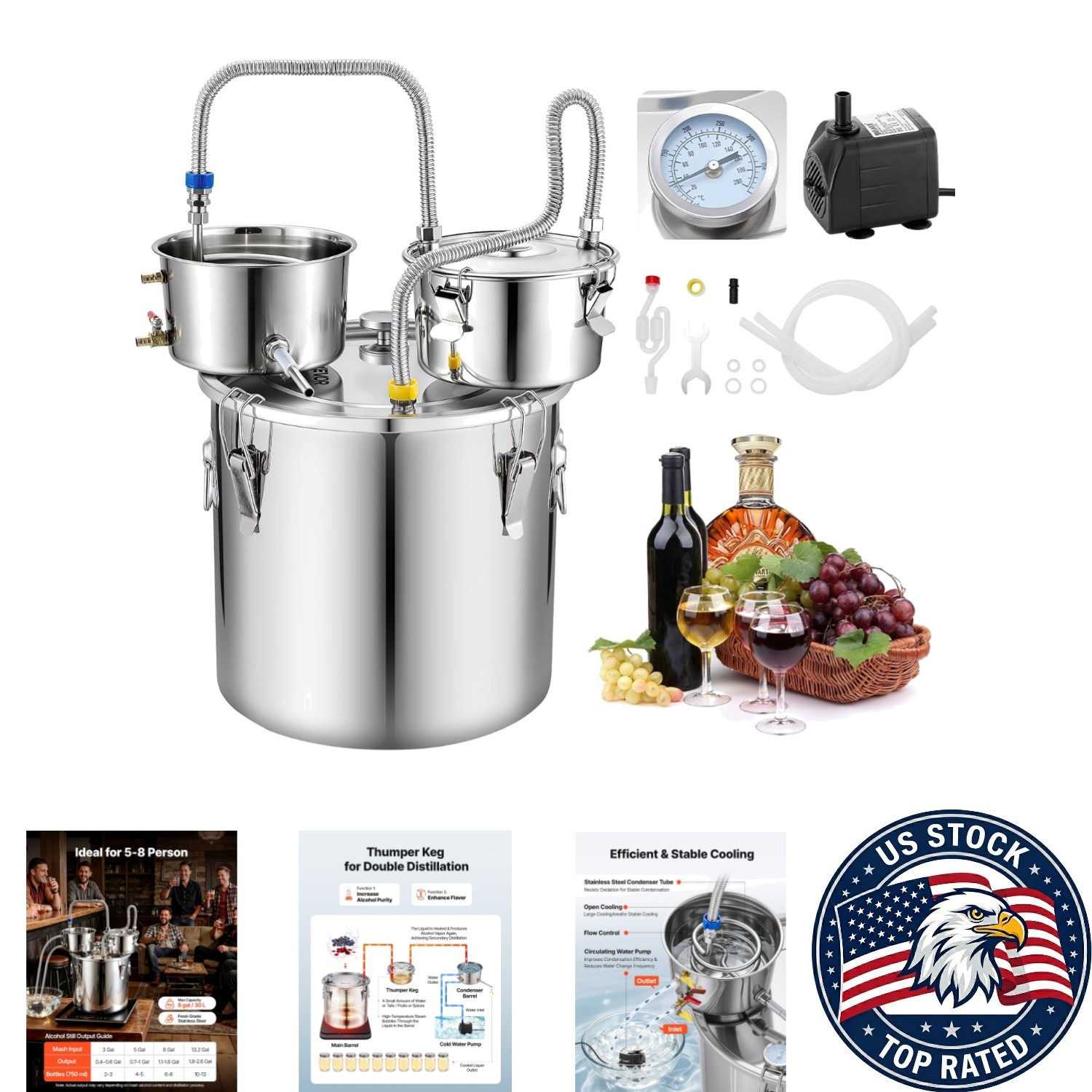 8L Home Brewing Alcohol Distiller with Water Pump & Dual Thermometer