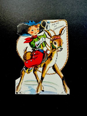 1 VTG Xmas Greeting Card Cute Cowboy In Chaps Proudly Riding His Reindeer  