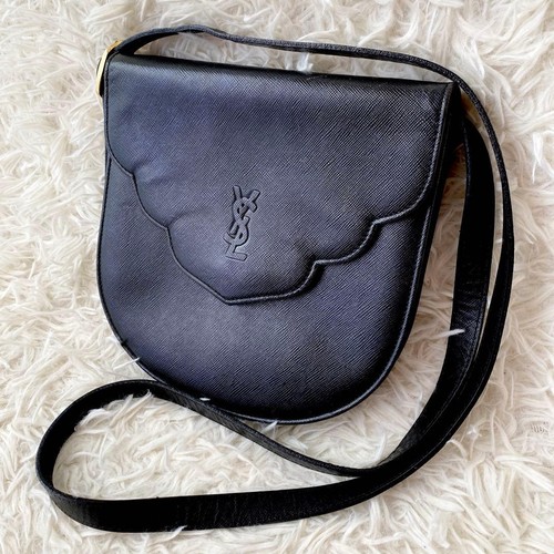 Yves Saint Laurent Shoulder Bag Leather Black Embossed Logo Pochette from Japan