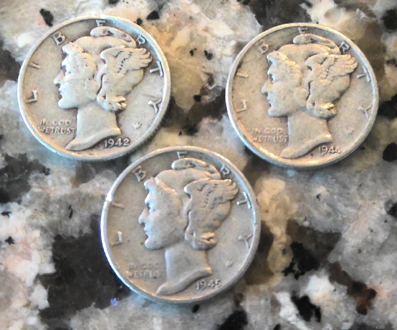 Mercury Dimes, 1942S, 1944D, 1945 3 coins total