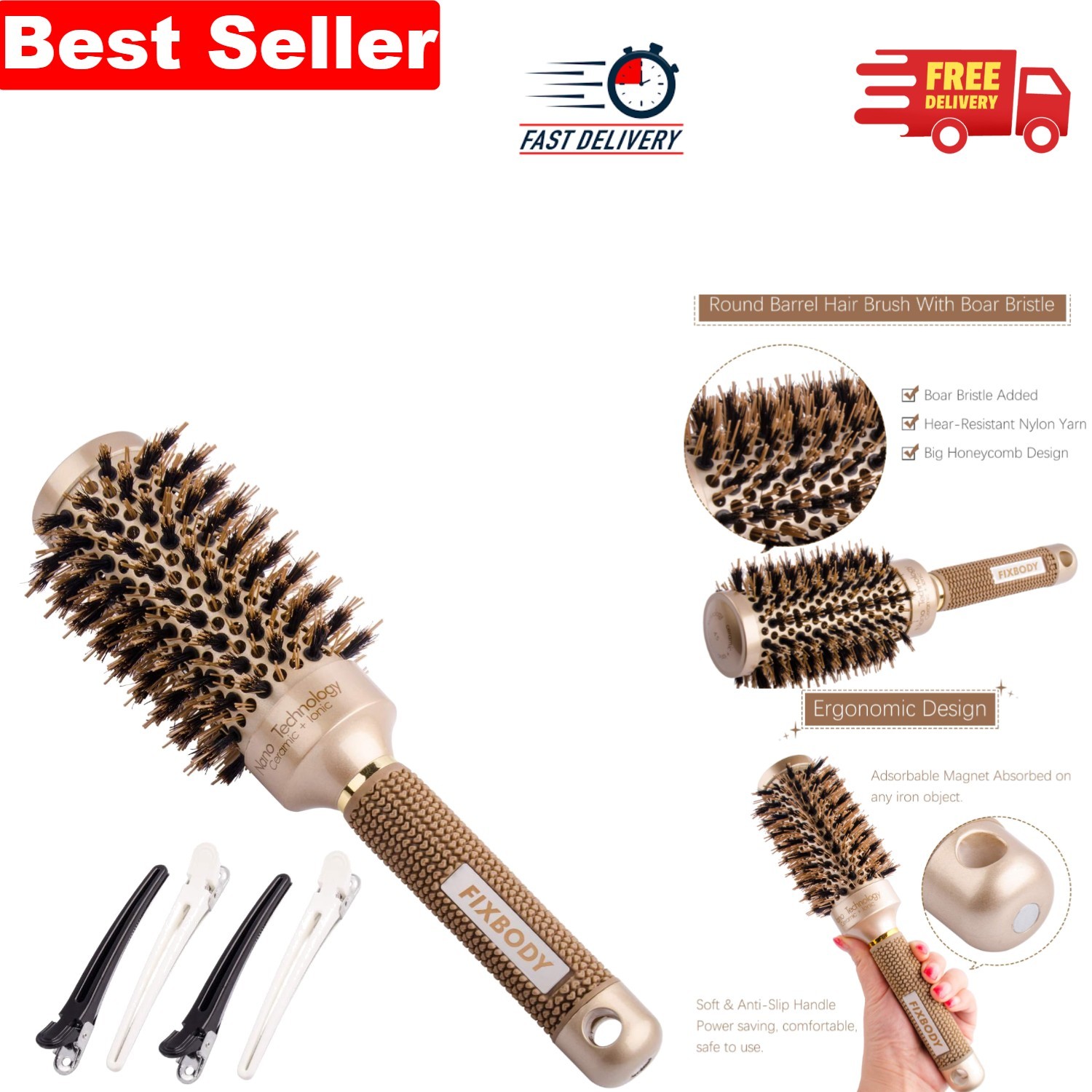 Ionic Boar Bristle Hair Brush - 1.7 Inch Ceramic Barrel for Shine & Styling