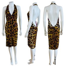 Vintage S/S 2002 Gianni Versace Leopard Print Halter Midi Dress Low Cut Open Bac