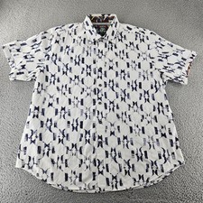 Robert Graham Shirt Mens XL White Blue Classic Fit Short Sleeve Flip Cuff Print