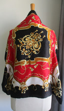 GORGEOUS HUGE SCARF 32"X32" IN 100 POLYESTER BLACK/WHITE/RED WITH TASSEL PRINT