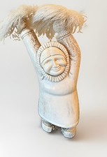 Vintage Alaska Carved Inuit Dancer with fur Fans 10" Tall Artist Signed