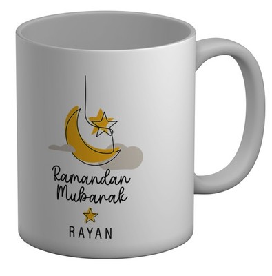 Personalisierte Ramadan Mubarak gelber Mond Stern Tasse 11 Unzen Tasse Geschenk weiß