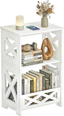 BYFU White Side Table, Small End Table with Storage Shelf, 3-Tier Nightstand Bed