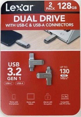 Lexar 128GB 2-in-1 Dual Flash Drive USB-C and USB-A, Mac-Android- PC– 2 PACK