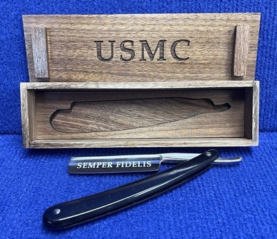 U.S.M.C. Straight Razor Etched Blade in Solid Walnut case FREE SHIPPING!