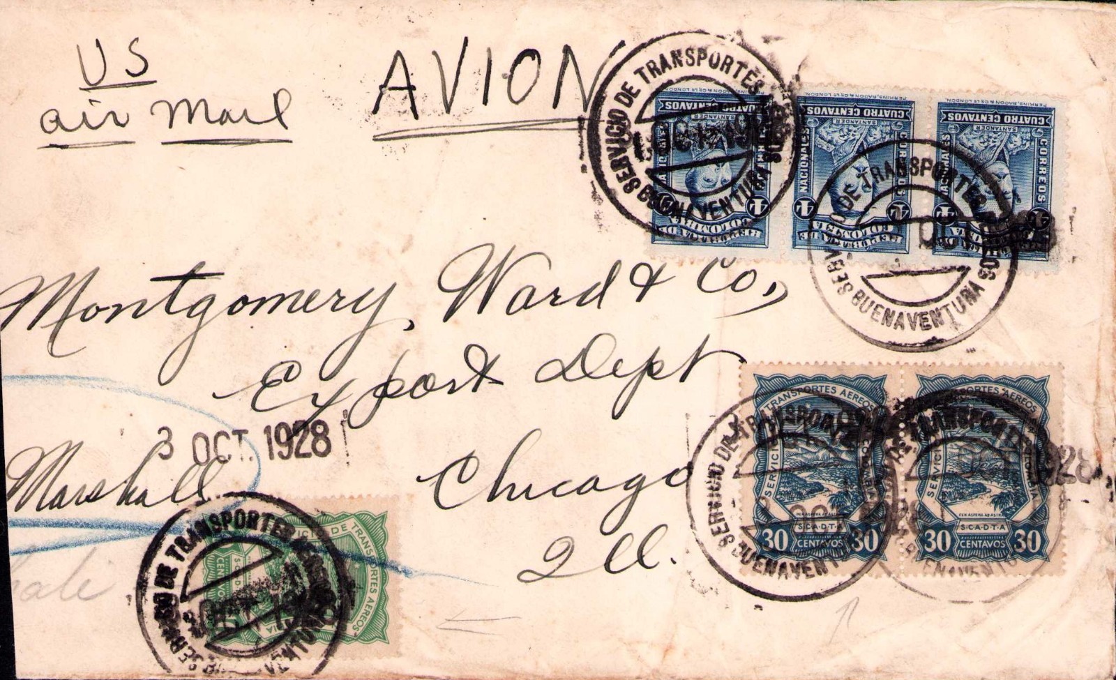 COLOMBIA - SCADTA - 70c COVER - BUENAVENTURA to CHICAGO - 1928 RRR