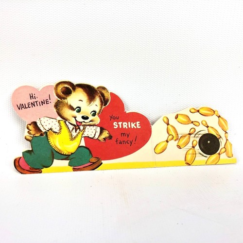 Carte Saint Valentin vintage années 40 50 boule de bowling ours voies épingle frappe éphémère voeux - Photo 2/4