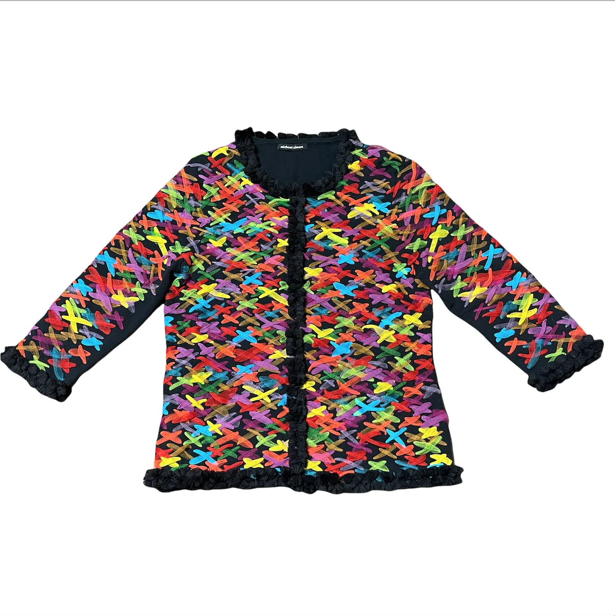 Michael Simon Cardigan Sweater With Buttons Black Multi Color Size Medium