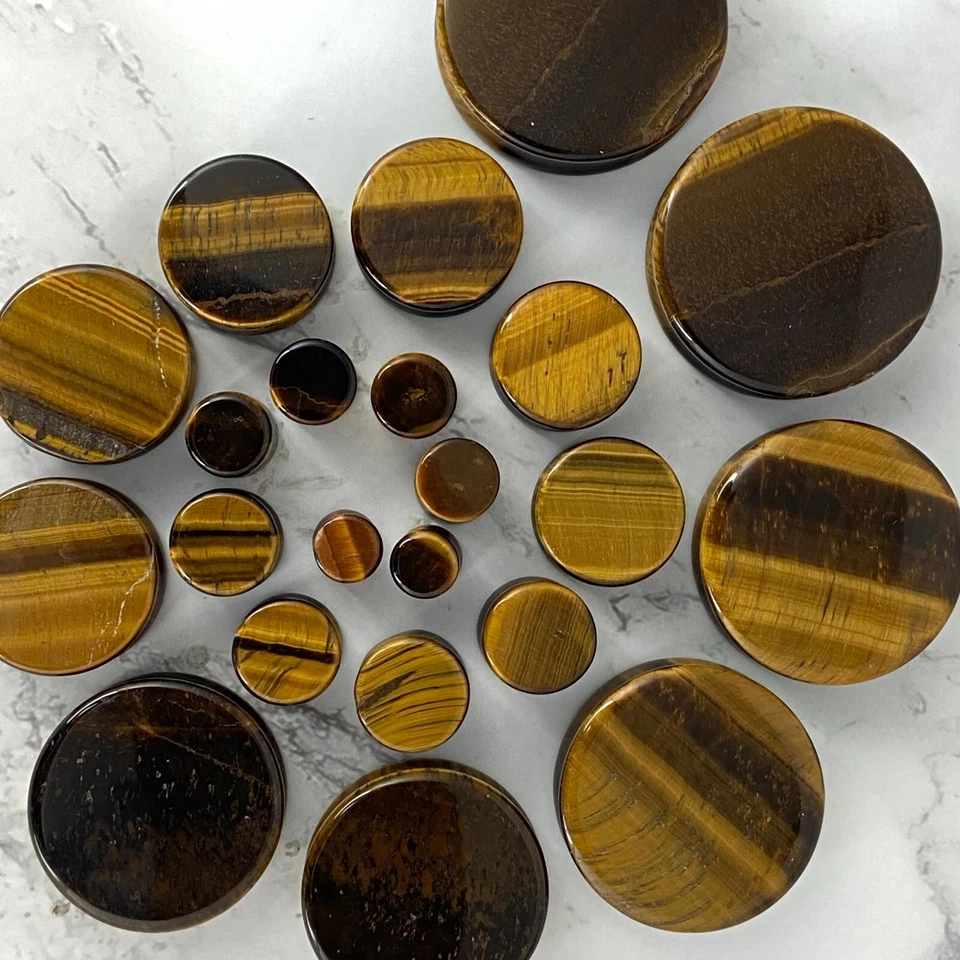 Par de tapones de piedra ojo de tigre conjunto medidores ELIGE EL TAMAÑO orgánico Foto 3 de 4