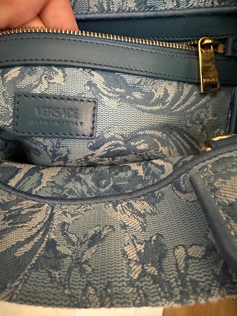 Versace Barocco Athena Canvas Tote Bag Crossbody Blue White Gold