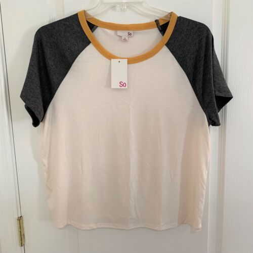 So Raglan Ringer T-Shirt Crewneck Tee Short Sleeve Top Ivory Gray Gold Size 1X