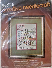 BUCILLA BOSTON TEA PARTY HISTORY SERIES 1975 CREWEL EMBROIDERY KIT 1967 NEW Easy