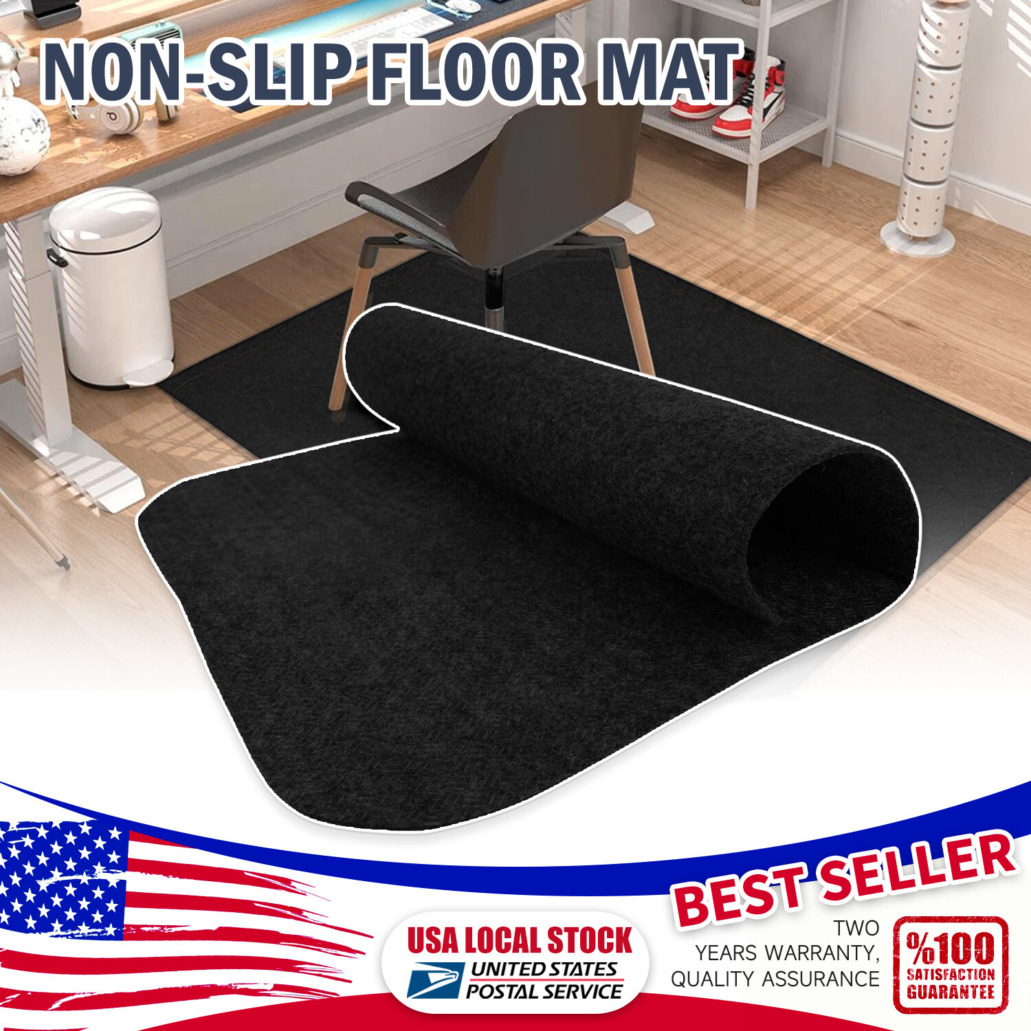 4x4.3ft Black Office Chair Mat for Hardwood Floors - Easy to Clean