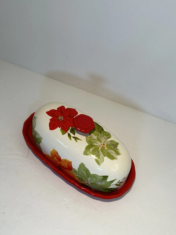 Plato de Mantequilla Mujer Pionera Cubierto Poinsettia Navidad Rojo/Blanco Floral Foto 3 de 4