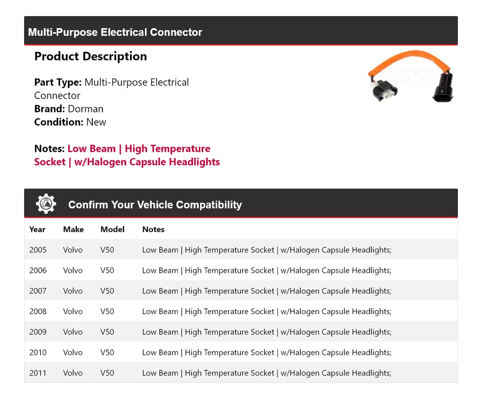 Conector eléctrico multiusos para Volvo V50 Dorman 2005-2011 2006 2007 2008 Foto 2 de 4