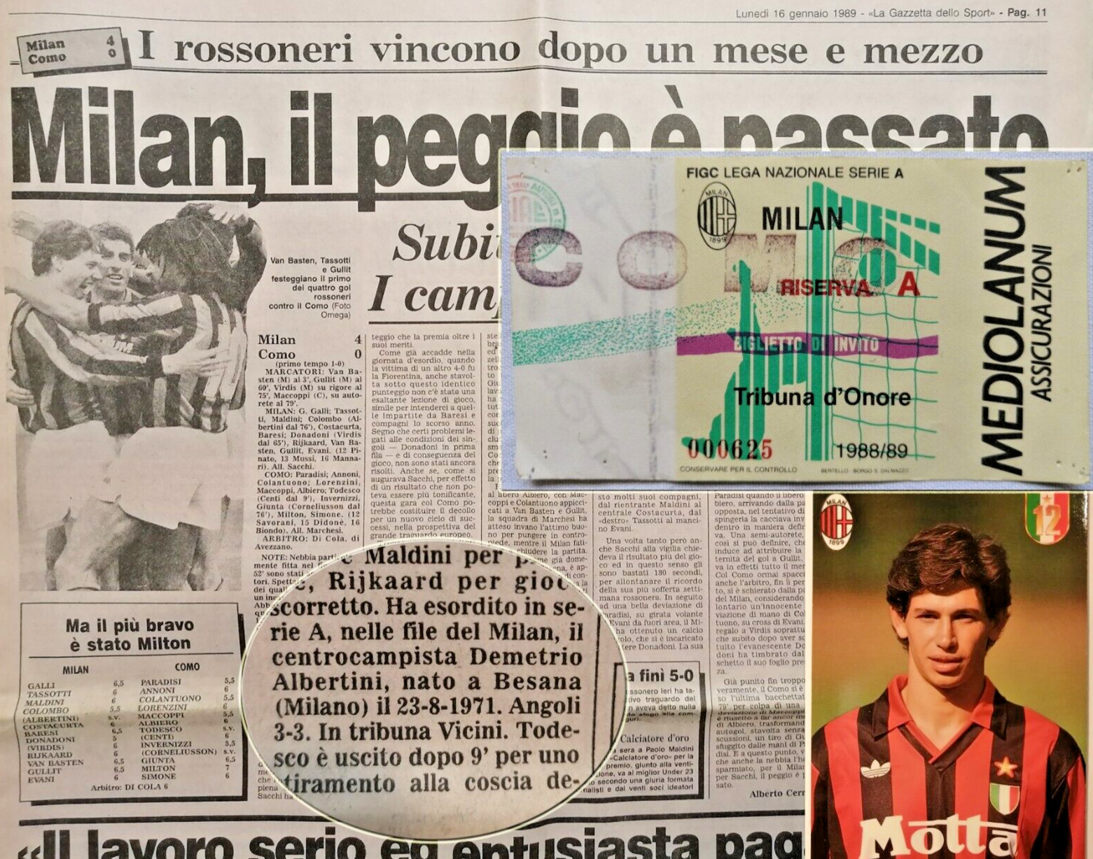 ALBERTINI debutto serie A 1989 Milan Como Tribuna d'onore + Gazzetta e cartolina