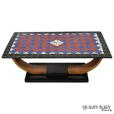 Vintage Art Deco Blue and Red Mosaic Tile Top Arch Base Coffee Table