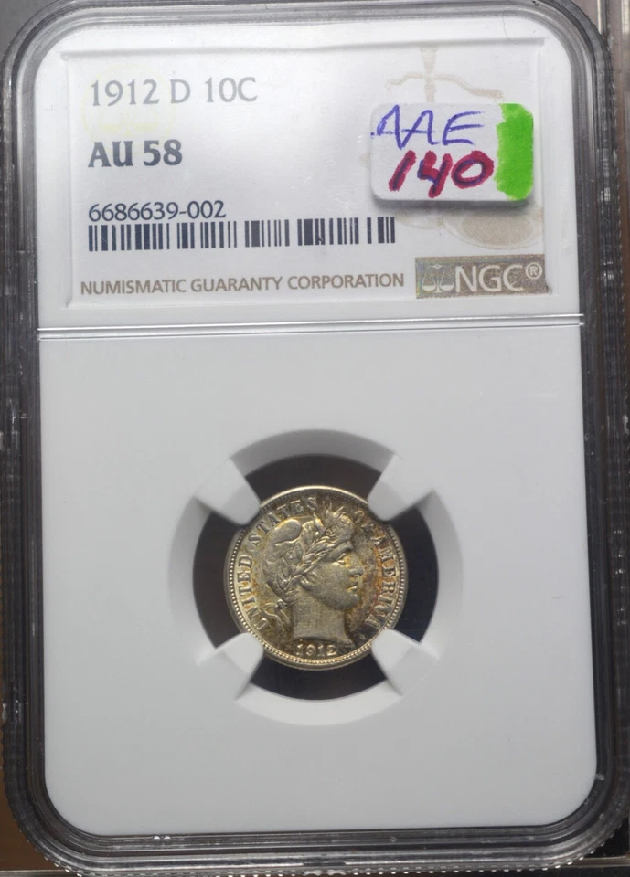 1912-D BARBER SILVER DIME PCGS AU58 TONED - Image 3 of 4