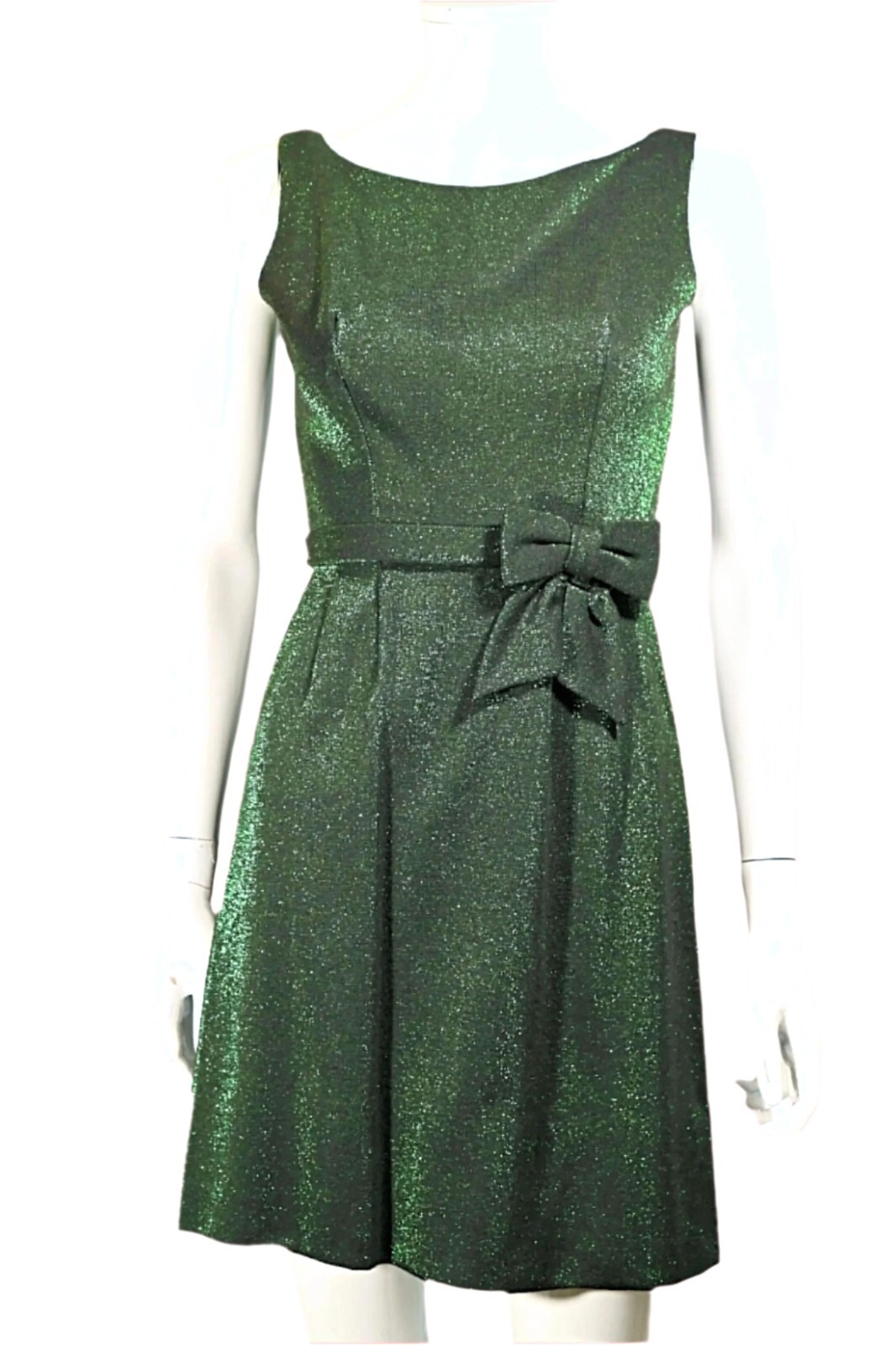 60s Green Sparkle Party Dress w/Bow on the Waist  XS