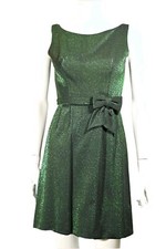 SALE 60s Green Sparkle Dress w/Bow on the Waist, 1960s Holiday Party Dress XS