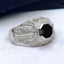 Black Onyx Hexagon Cut Gemstone With 925 Sterling Silver Ring For Men's #238