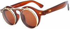Flip Up C6 Gothic Retro Round Circle Plastic Sunglasses Brown Frame Brown Lens
