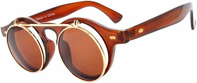 Flip Up C6 Gothic Retro Round Circle Plastic Sunglasses Brown Frame Brown Lens 