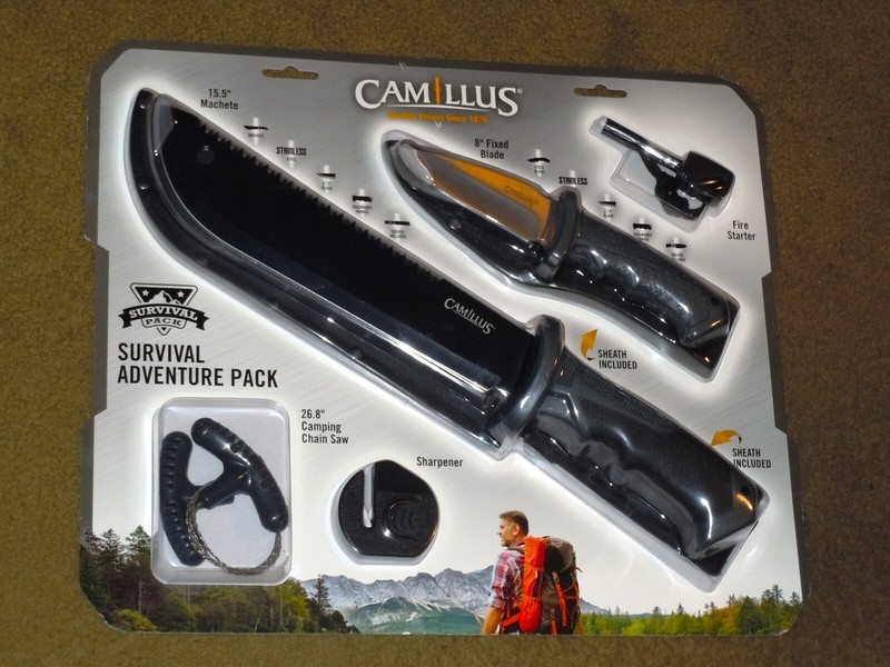 CAMILLUS SURVIVAL ADVENTURE PK 2 KNIFES, BLADE SHARPENER, FIRE STARTER, CAMP SAW