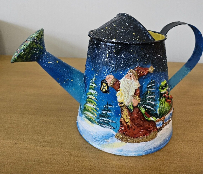 Hand Painted Tin Santa Clause Garden Water Can Metal 7.5 in Tall