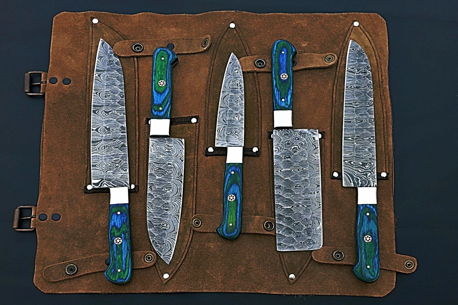 Hand-Forged Damascus Steel Knives Set – Custom Green & Blue American Wood Handle