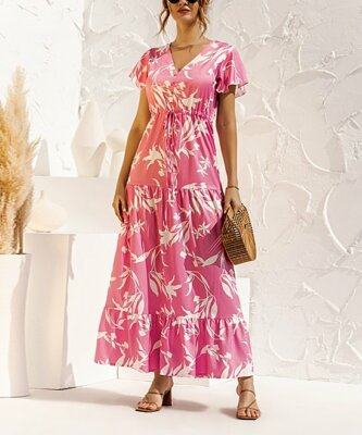 Amasoo Pink Floral Tiered Flutter-Sleeve Maxi Dress Size L | eBay