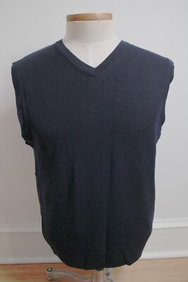 Vtg 90s Eddie Bauer S Navy Blue Merino Wool V-Neck Rib Knit 