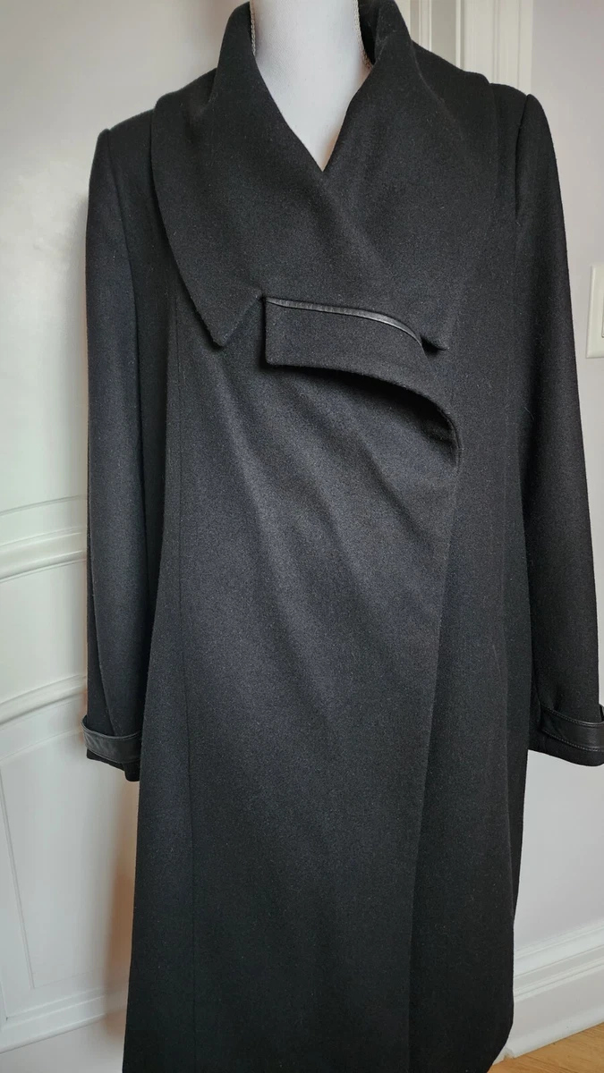 Badgley Mischka L Black Wool Blend Swing Coat W Leather Trimming