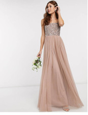 Maya Deluxe Sleeveless Square Neck Maxi Tulle Taupe Blush Evening Dress14 petite