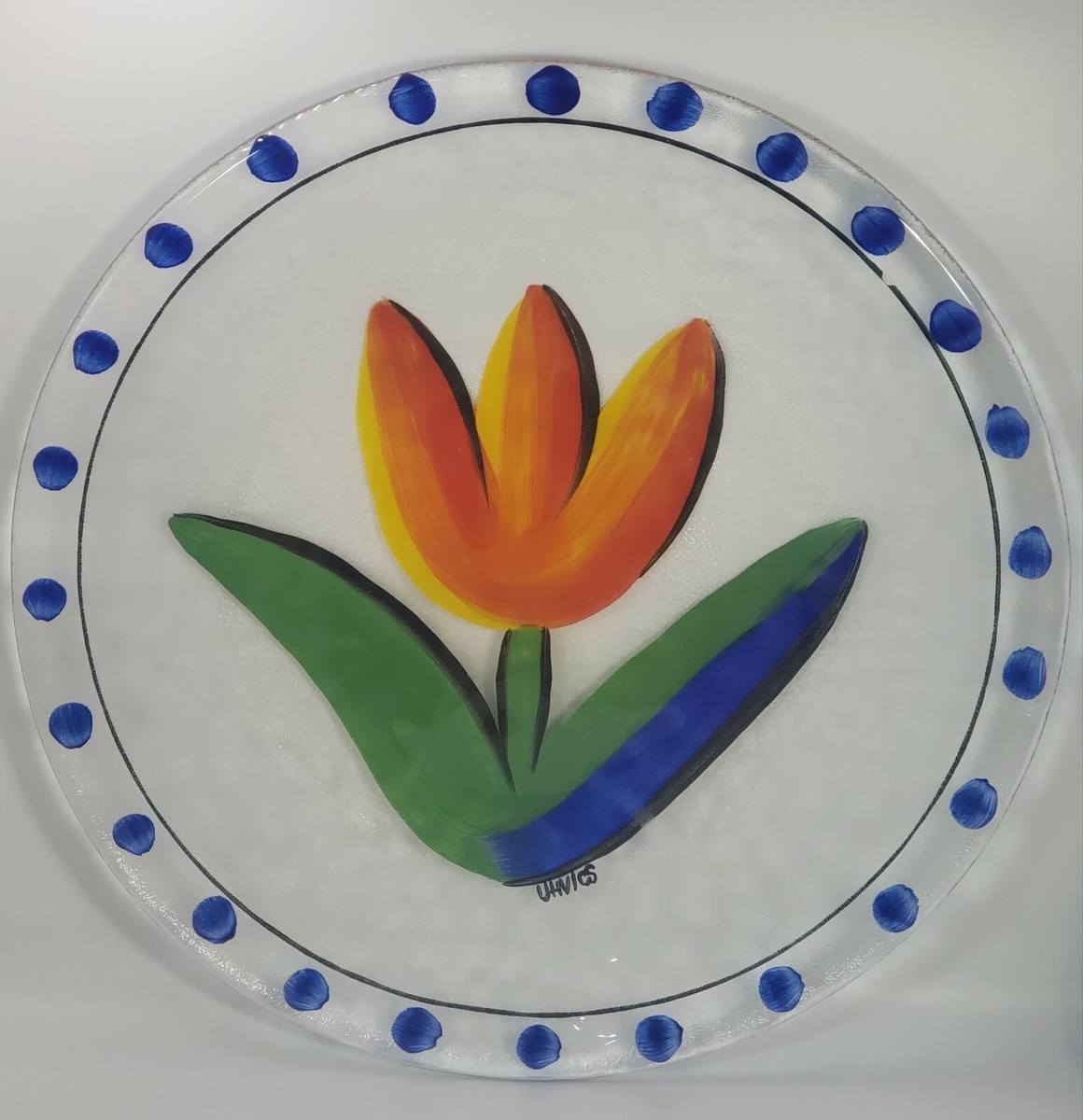 Kosta Boda Tulip Sweden Reverse Paint Art Glass Plate Sigt Ulrica