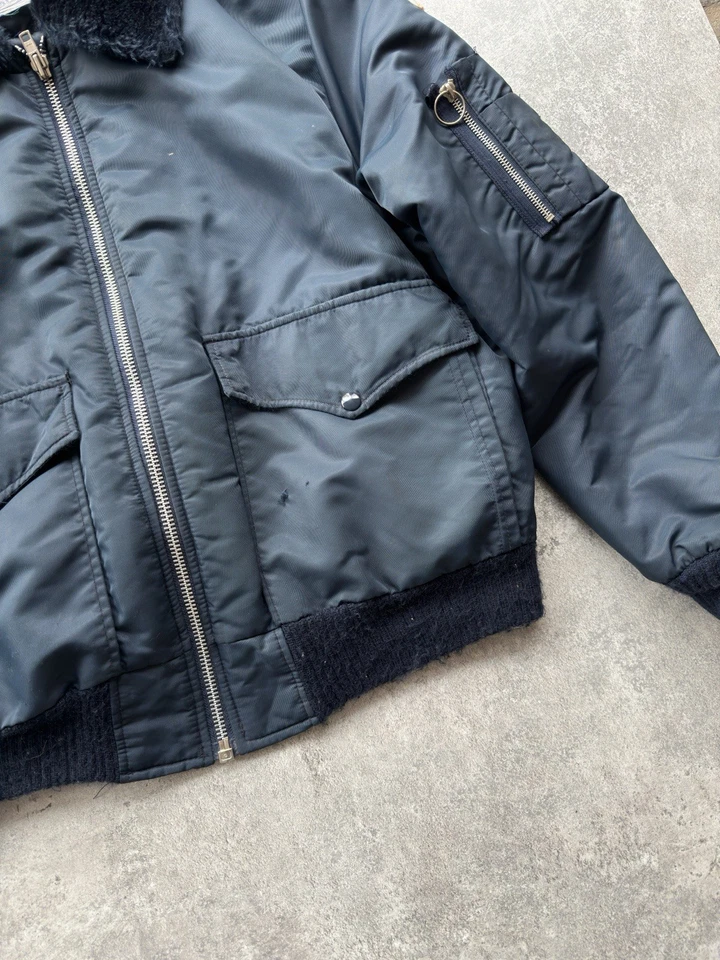 Vintage MVP Corp Aviator Fleece Bomber Jacket Mens XL Faux Fur Collar Navy Blue - Image 3 of 4