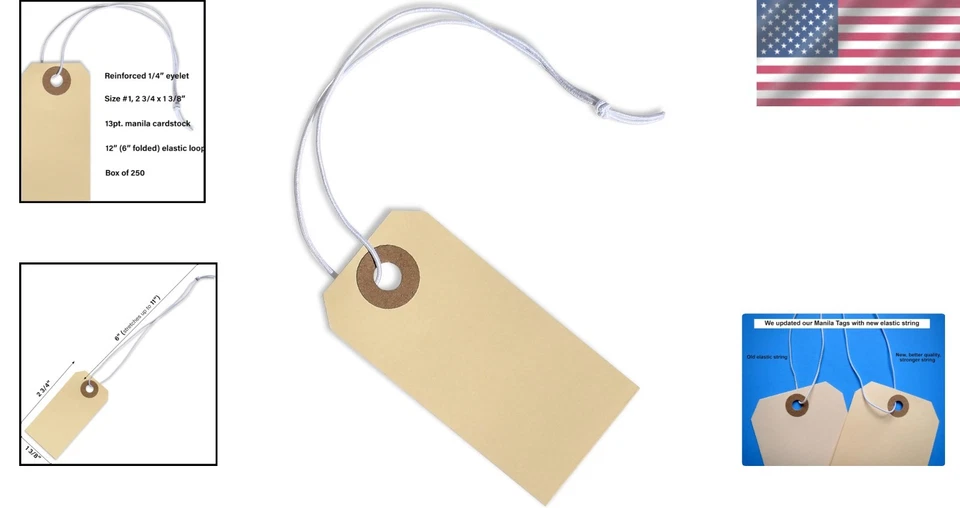 Reinforced Manila Tag Labels with Durable Elastic Strings - 2 3/4” x 1 3/8” Size - Image 2 of 4