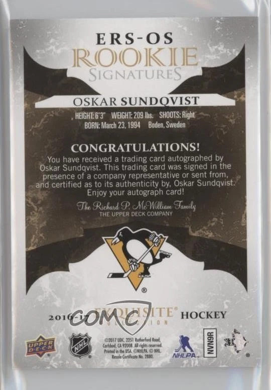 2016-17 Upper Deck Ice Exquisite Rookie Signatures /225 Oskar Sundqvist Auto RC - Image 2 of 2
