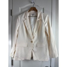 LOFT Women's Fluid Modern Blazer Ivory Cream Lyocell Polyester Linen Size 8