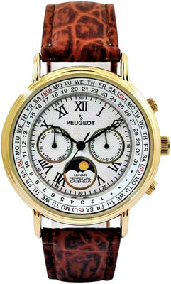 Men'S Vintage Moon Phase Perpetual Calendar Gold Tone Leather Watch